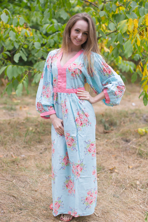 Light Blue My Peasant Dress Style Caftan in Faded Flowers Pattern