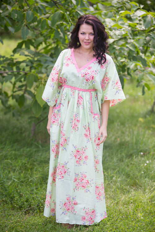 Mint Breezy Bohemian Style Caftan in Faded Flowers Pattern