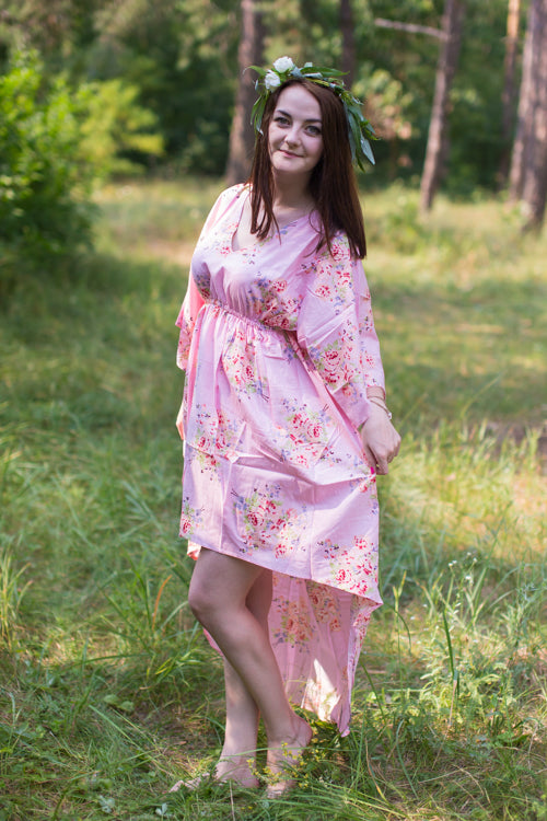 Pink High Low Wind Flow Style Caftan in Faded Flowers Pattern