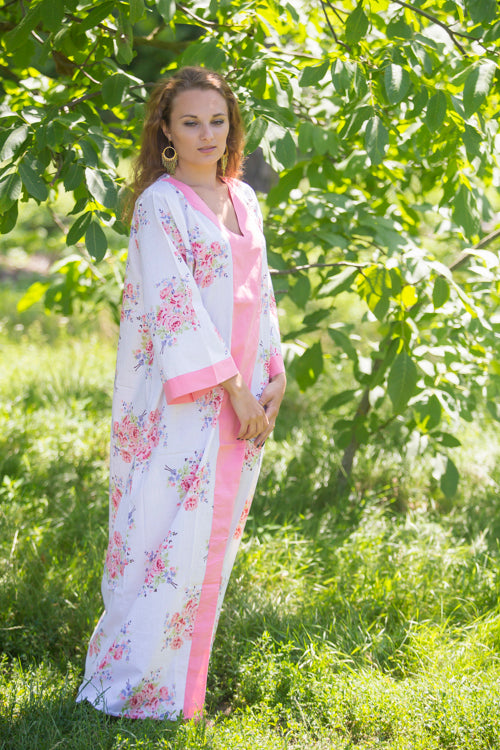 White The Glow-within Style Caftan in Faded Flowers Pattern
