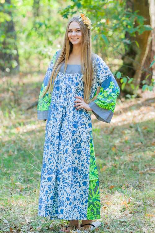 Blue Fire Maiden Style Caftan in Falling Leaves Pattern