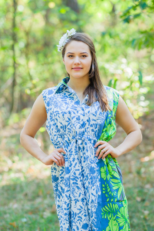 Blue Cool Summer Style Caftan in Falling Leaves Pattern