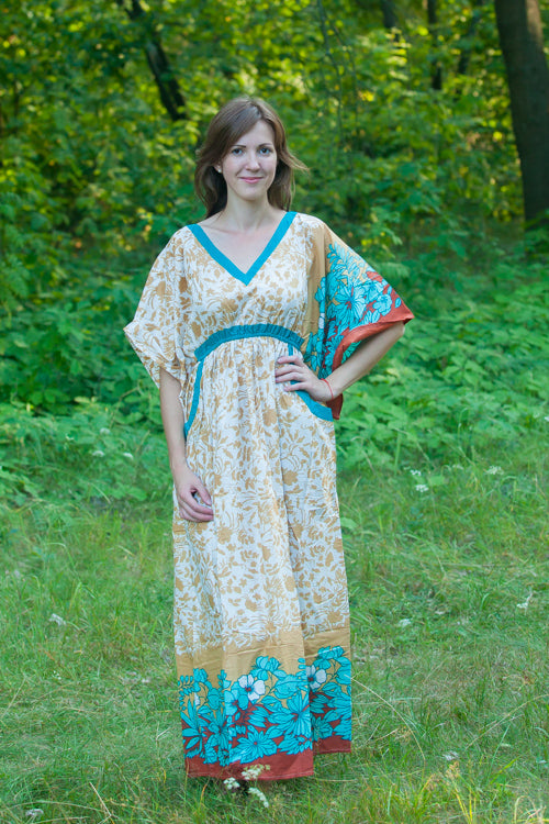 Cream Peach Breezy Bohemian Style Caftan in Falling Leaves Pattern