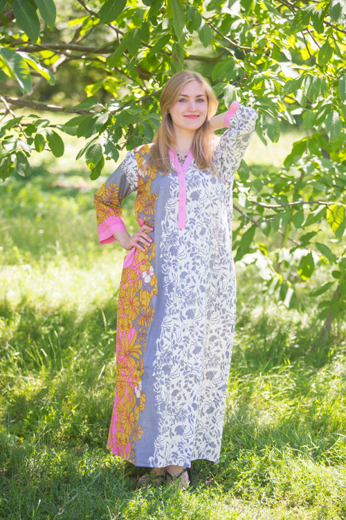 Off-White Gray Simply Elegant Style Caftan in Falling Leaves Pattern