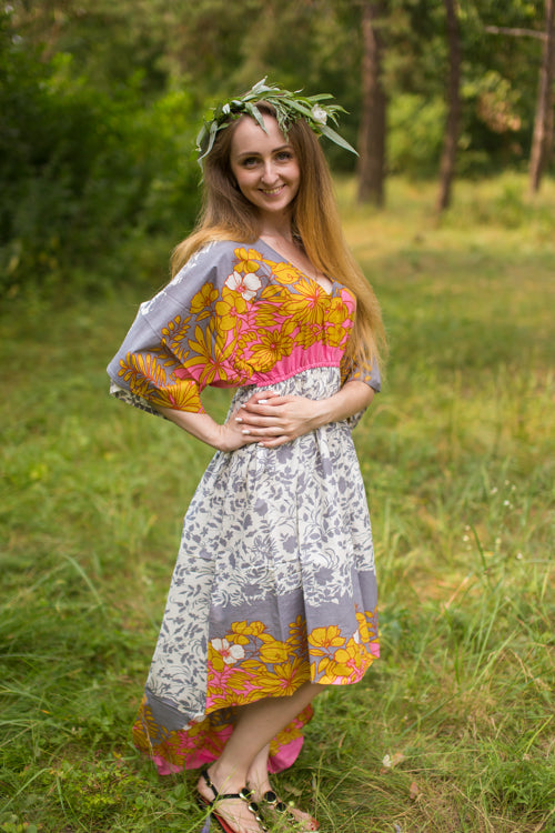 White Gray High Low Wind Flow Style Caftan in Falling Leaves Pattern