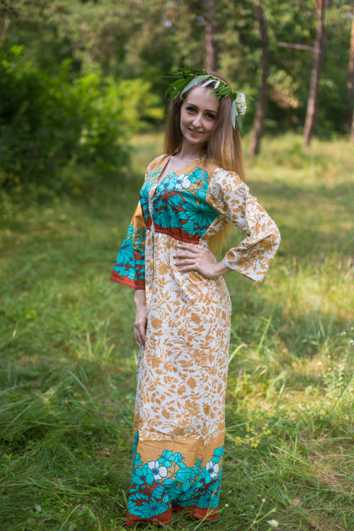 off white peach Button Me Down Style Caftan in Falling Leaves Pattern