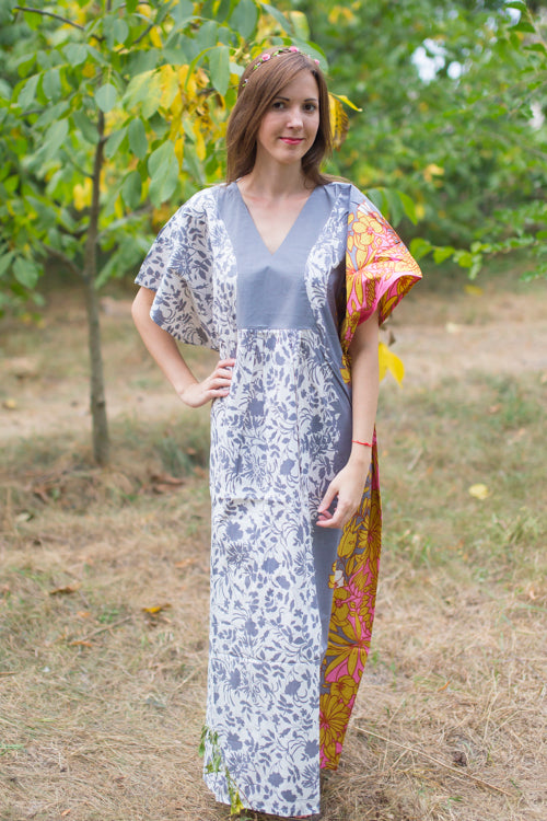Gray Flowing River Style Caftan in Falling Leaves Pattern