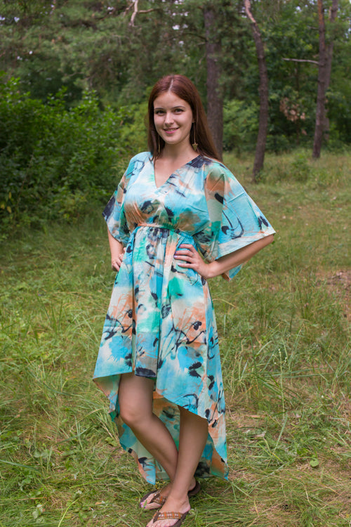 Aqua Coral High Low Wind Flow Style Caftan in Flamingo Watercolor Pattern
