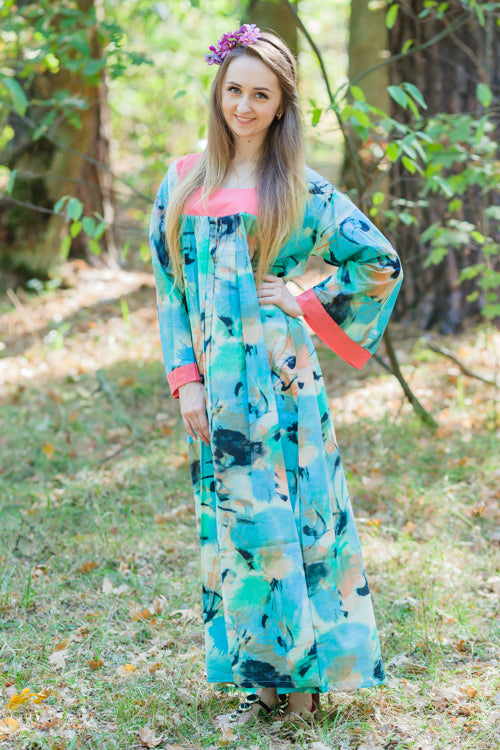 Aqua Fire Maiden Style Caftan in Flamingo Watercolor Pattern