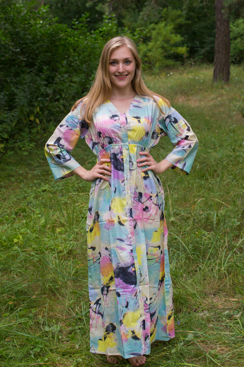 Blue Pink Button Me Down Style Caftan in Flamingo Watercolor Pattern