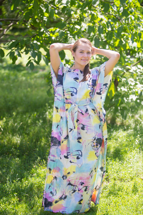 Blue Pink Divinely Simple Style Caftan in Flamingo Watercolor Pattern