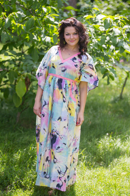 Blue Pink Breezy Bohemian Style Caftan in Flamingo Watercolor Pattern