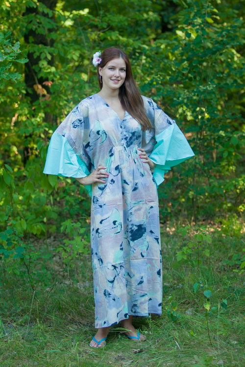 Gray Aqua Ballerina Style Caftan in Flamingo Watercolor