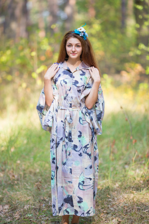 Gray Oriental Delight Style Caftan in Flamingo Watercolor Pattern