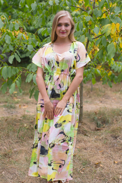 White Pink Side Strings Sweet Style Caftan in Flamingo Watercolor Pattern