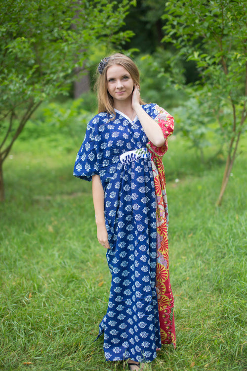 Dark Blue Unfurl Style Caftan in Floral Bordered Pattern