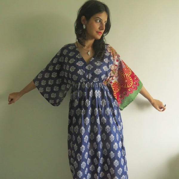 Dark Blue I Wanna Fly Style Caftan in Floral Bordered Pattern