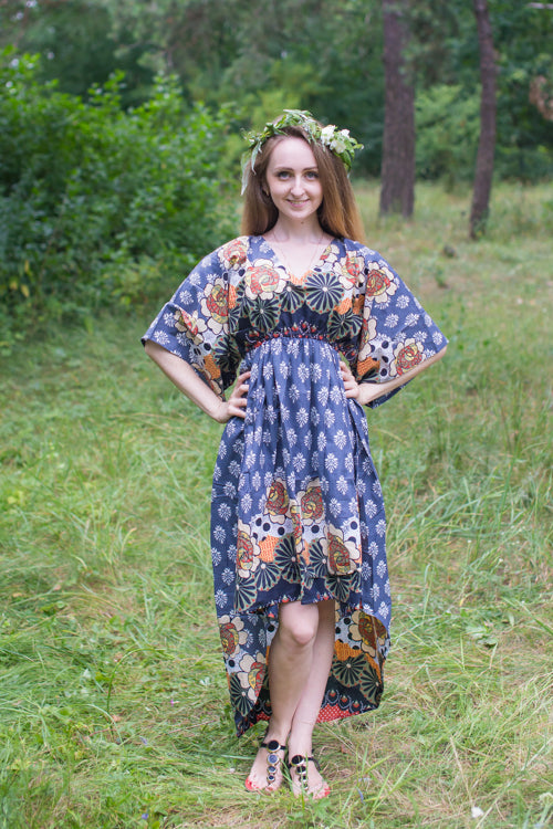 Gray High Low Wind Flow Style Caftan in Floral Bordered Pattern