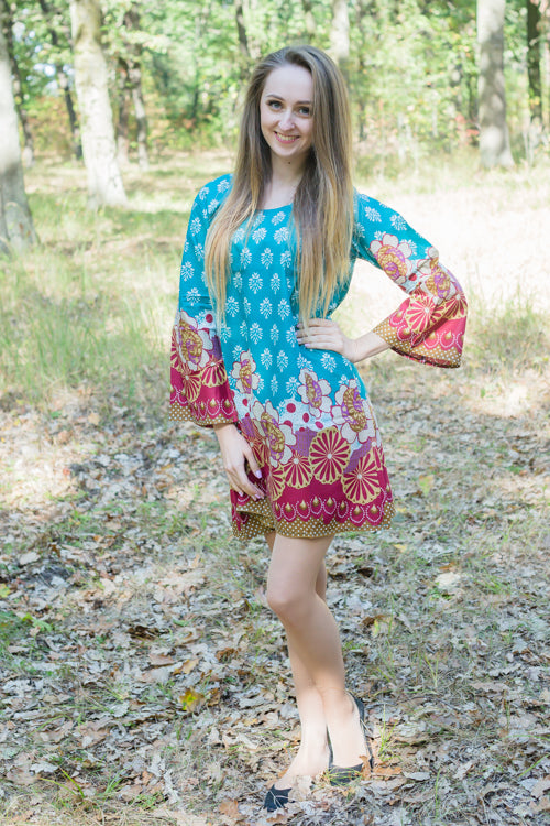 Teal Bella Tunic Style Caftan in Floral Bordered Pattern