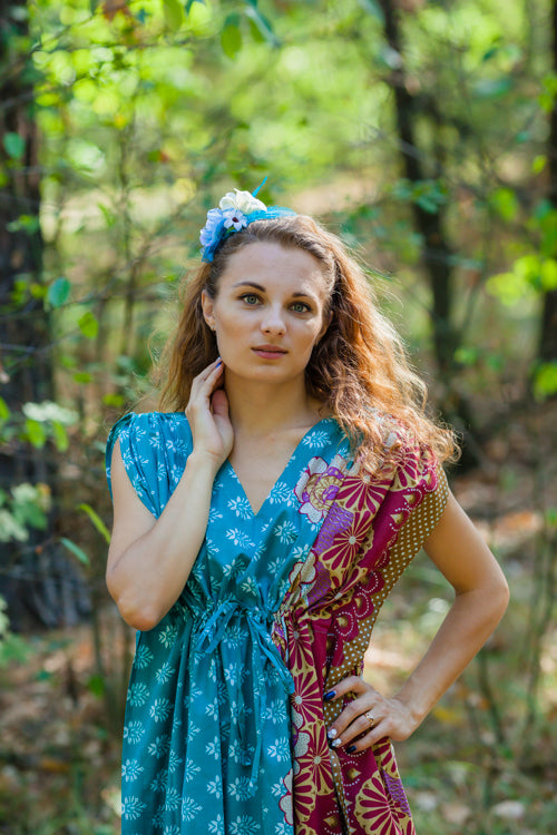 Teal Magic Sleeves Style Caftan in Floral Bordered Pattern