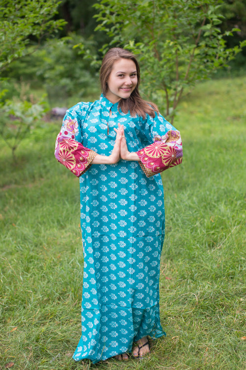 Teal Mandarin On My Mind Style Caftan in Floral Bordered Pattern