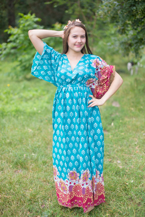 Teal I Wanna Fly Style Caftan in Floral Bordered Pattern