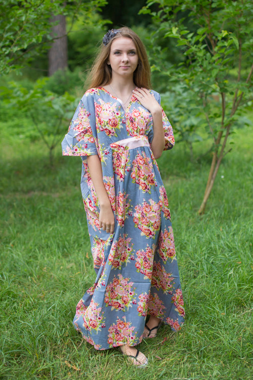 Gray Unfurl Style Caftan in Floral Posy Pattern
