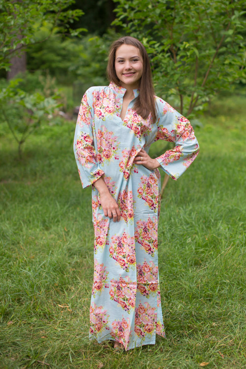 Light Blue Mandarin On My Mind Style Caftan in Floral Posy Pattern