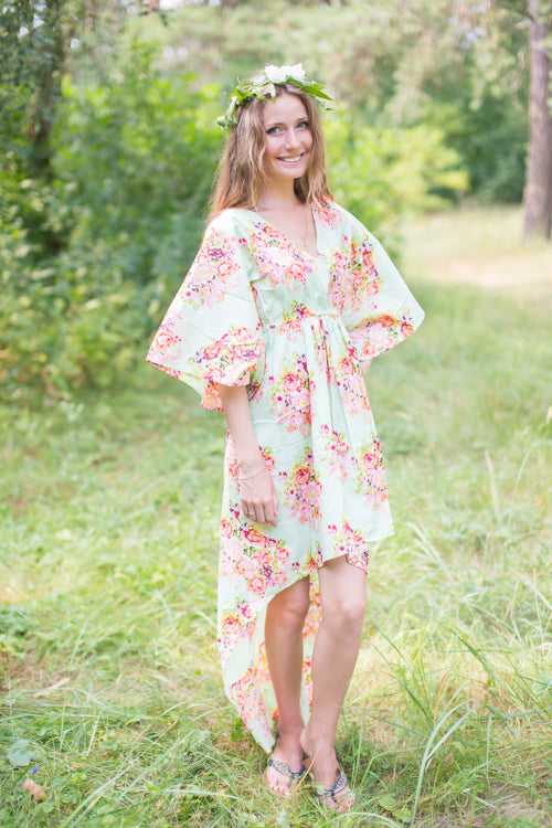 Mint High Low Wind Flow Style Caftan in Floral Posy Pattern