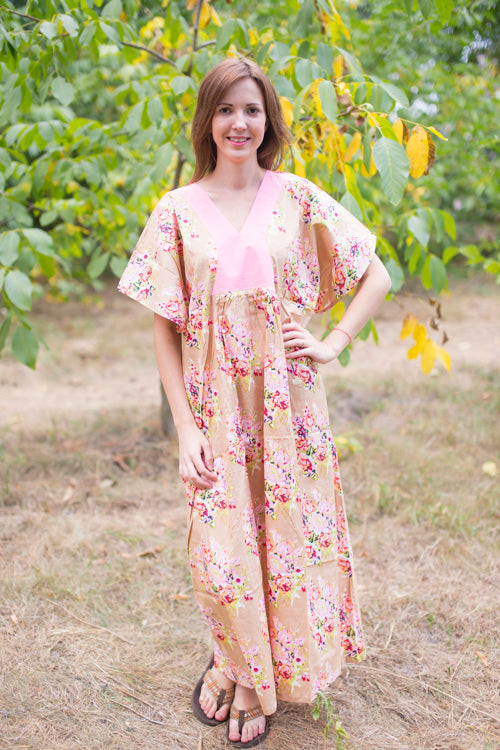 Taupe Flowing River Style Caftan in Floral Posy Pattern