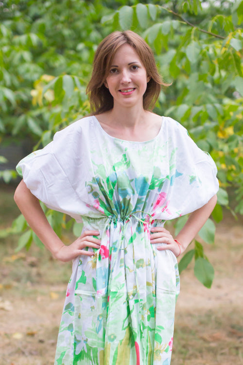 Mint Cut Out Cute Style Caftan in Floral Watercolor Painting Pattern