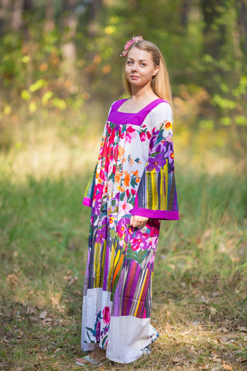 Purple Fire Maiden Style Caftan in Floral Watercolor Painting Pattern