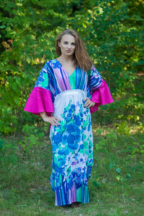 White Blue Ballerina Style Caftan in Floral Watercolor Painting