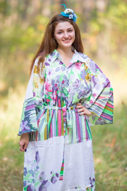 White Gray Oriental Delight Style Caftan in Floral Watercolor Painting Pattern