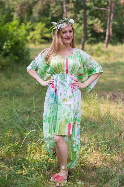 White Mint High Low Wind Flow Style Caftan in Floral Watercolor Painting Pattern