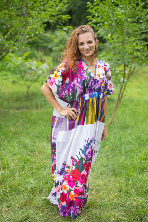 White Purple Unfurl Style Caftan in Floral Watercolor Painting Pattern