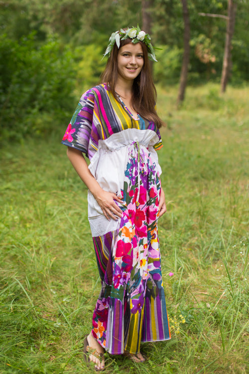 White Purple Timeless Style Caftan in Floral Watercolor Painting Pattern
