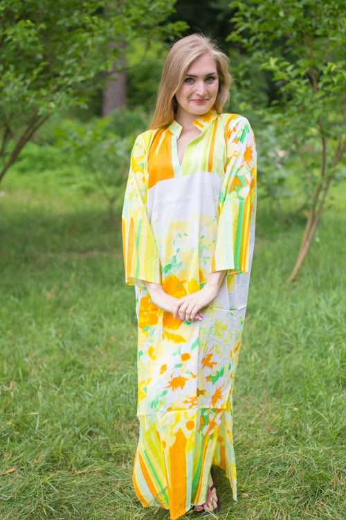 Yellow Mandarin On My Mind Style Caftan in Floral Watercolor Painting Pattern