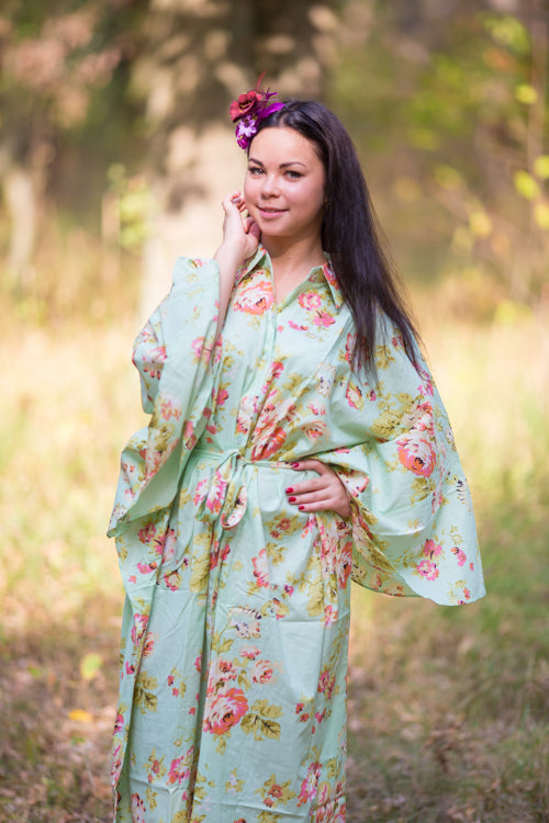 Mint Oriental Delight Style Caftan in Flower Rain Pattern