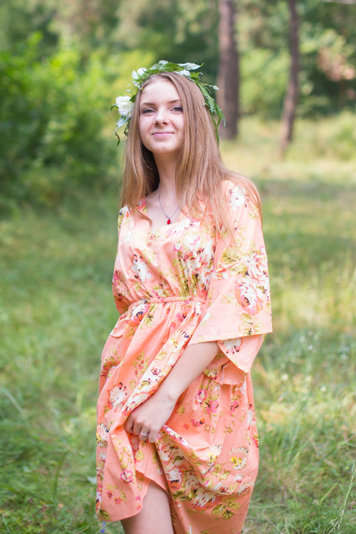Peach High Low Wind Flow Style Caftan in Flower Rain Pattern