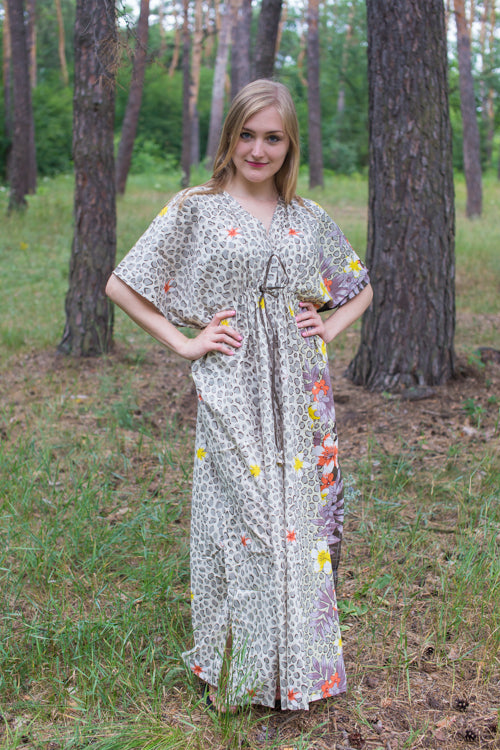 Off White Dark Brown Timeless Style Caftan in Fun Leopard Pattern