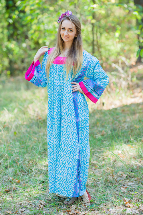 Light Blue Fire Maiden Style Caftan in Geometric Chevron Pattern