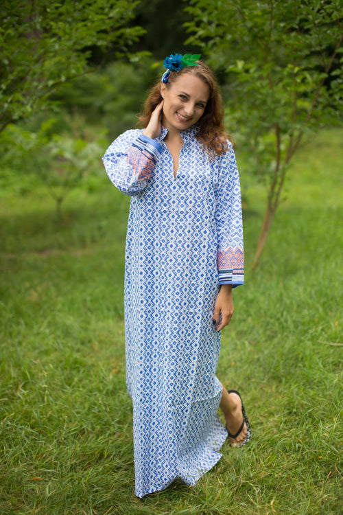 Royal Blue Mandarin On My Mind Style Caftan in Geometric Chevron Pattern