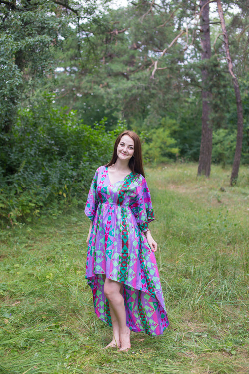 Lilac High Low Wind Flow Style Caftan in Diamond Aztec Pattern