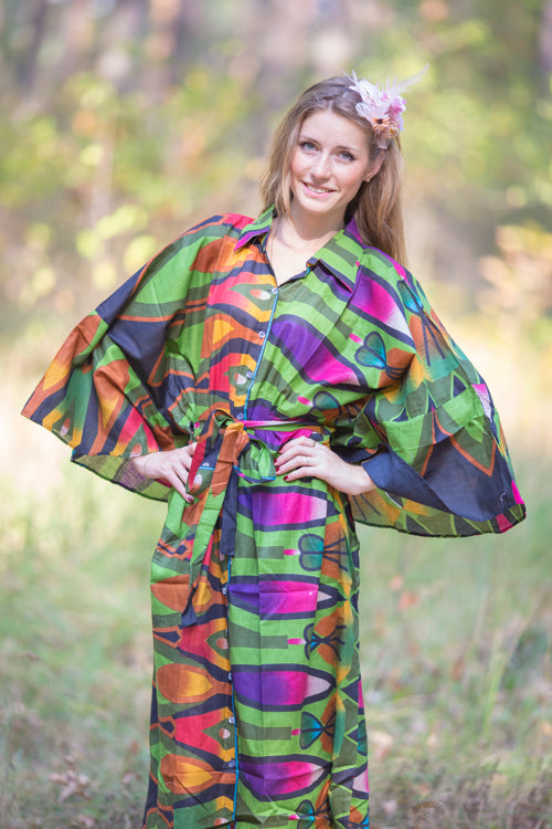 Green Oriental Delight Style Caftan in Glowing Flame Pattern