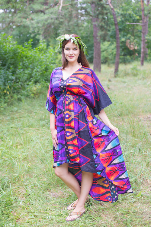 Purple High Low Wind Flow Style Caftan in Glowing Flame Pattern