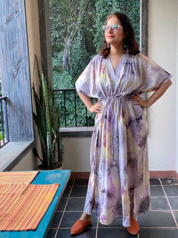 Watercolor Splash V-Neck, Cinched Waist Ankle Length Caftan