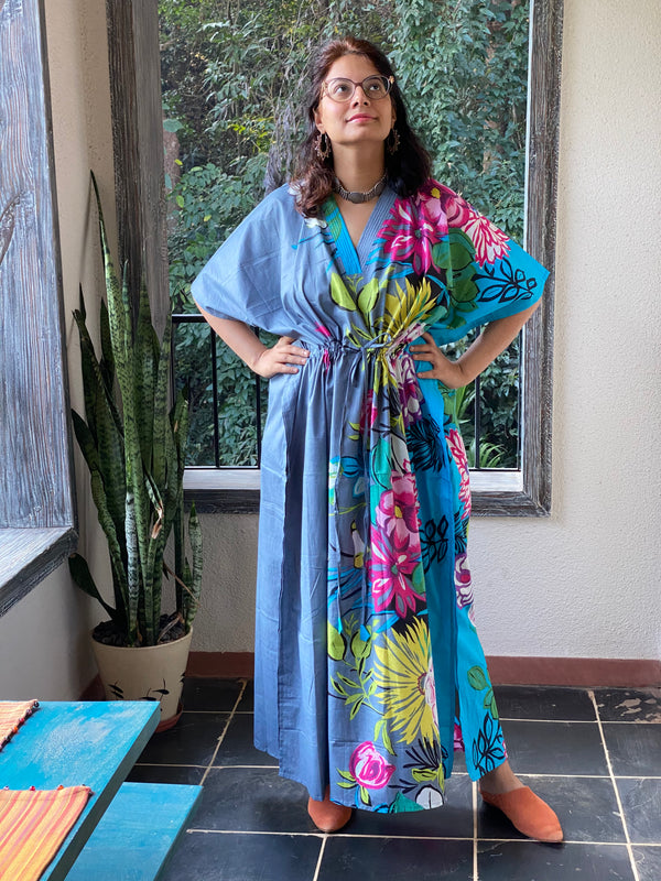 Jungle of Flowers V-Neck, Cinched Waist Ankle Length Kaftan