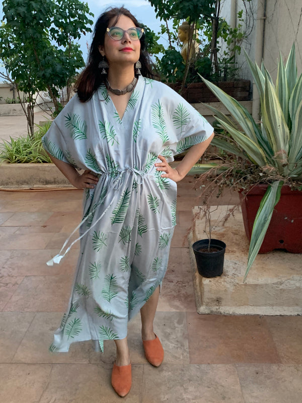 Tropical Delight V-Neck, Cinched Waist Ankle Length Caftan