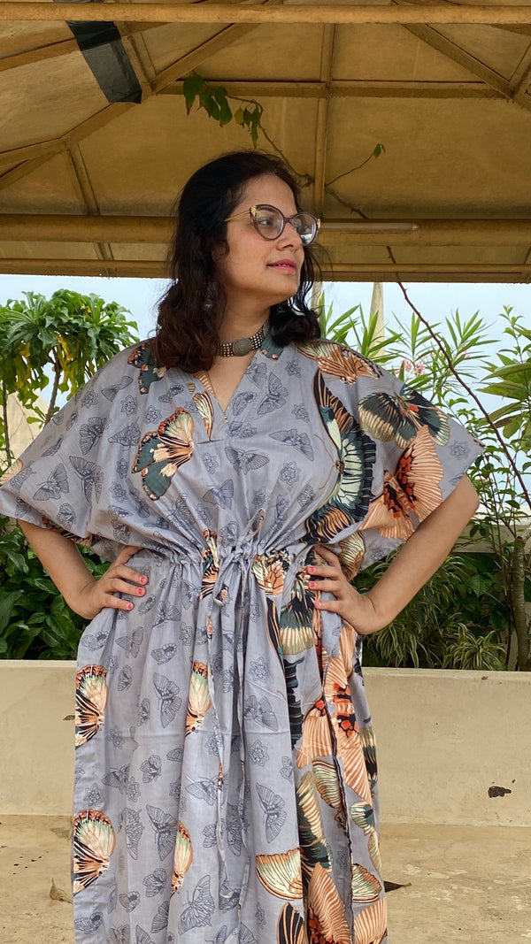 Butterfly Baby V-Neck, Cinched Waist Ankle Length Kaftan